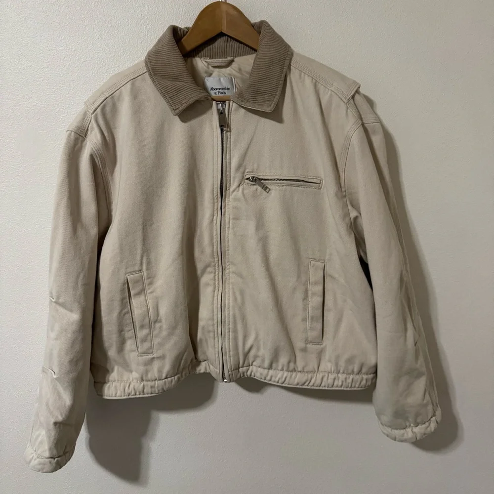 Abercrombie Crop Twill Workwear Jacket Cream Gray Corduroy Collar Streetwear-XL - Picture 2 of 13